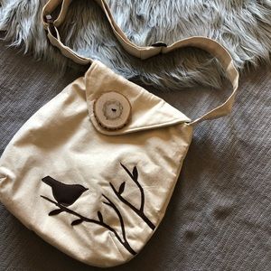 Bird on a branch shoulder bag w tree accent button